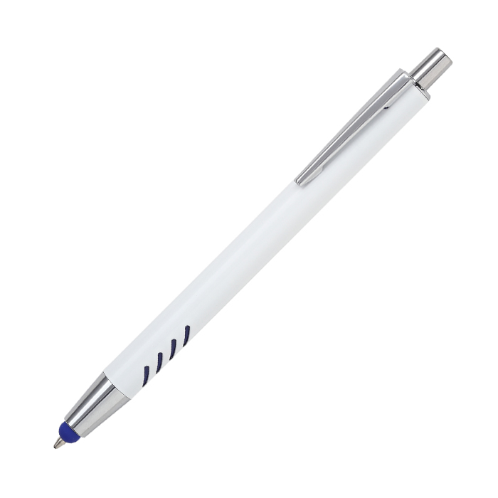 BL-129, Bolígrafo retráctil con barril de aluminio blanco, botón cromado, puntero touch y detalles de color en el barril, tinta de escritura azul.