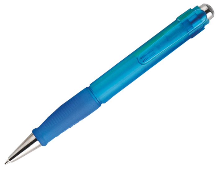 1401, Bolígrafo de plástico en colores traslúcidos, con goma antideslizante y punta cromada. Mecanismo de click.
