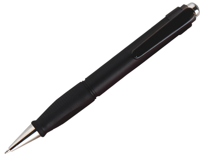 1401, Bolígrafo de plástico en colores traslúcidos, con goma antideslizante y punta cromada. Mecanismo de click.