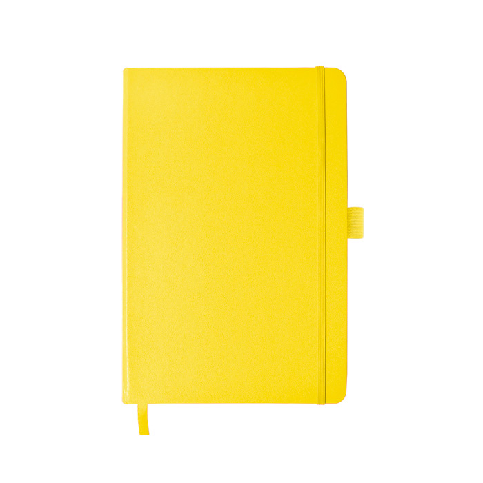 A2238, Libreta de pasta dura tamaño A5, con forro plástico, 80 hojas (160 páginas). Incluye listón como separador y banda elástica para sujetar la cubierta.
