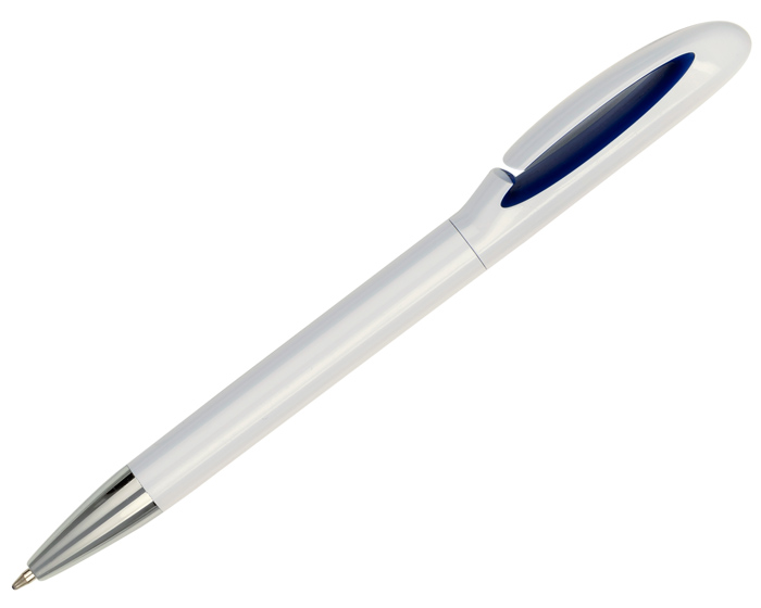A2266, Bolígrafo plástico de cuerpo blanco con punta cromada. Novedoso diseño de clip con detalle en color. Ligero y cómodo. Mecanismo retráctil.
