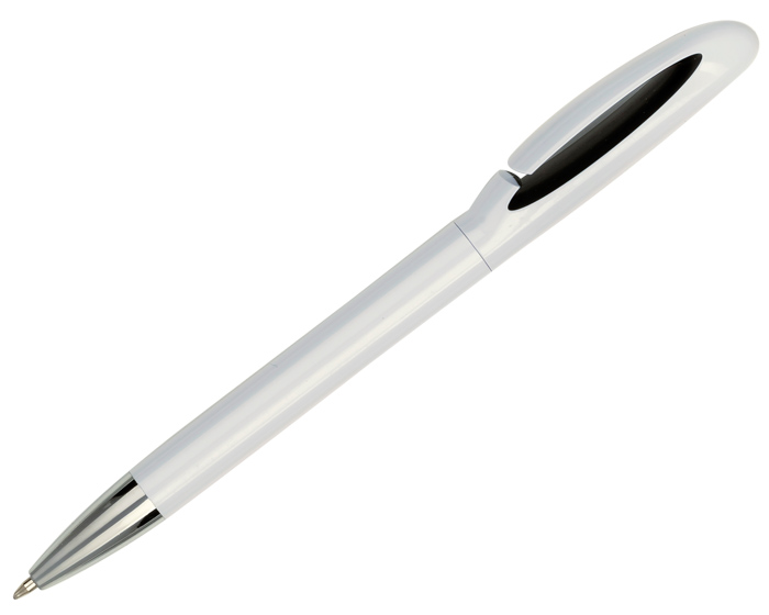 A2266, Bolígrafo plástico de cuerpo blanco con punta cromada. Novedoso diseño de clip con detalle en color. Ligero y cómodo. Mecanismo retráctil.