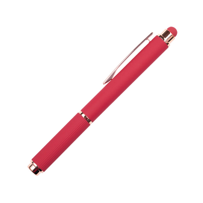 A2985, Bolígrafo de aluminio tipo roller, con tapa de sutiles líneas verticales; acabado del cuerpo color mate, suave al tacto, al grabar destapa en color oro rosa. Cuenta con detalles en color oro rosa y touch en la parte superior, del mismo color que el bolígrafo.